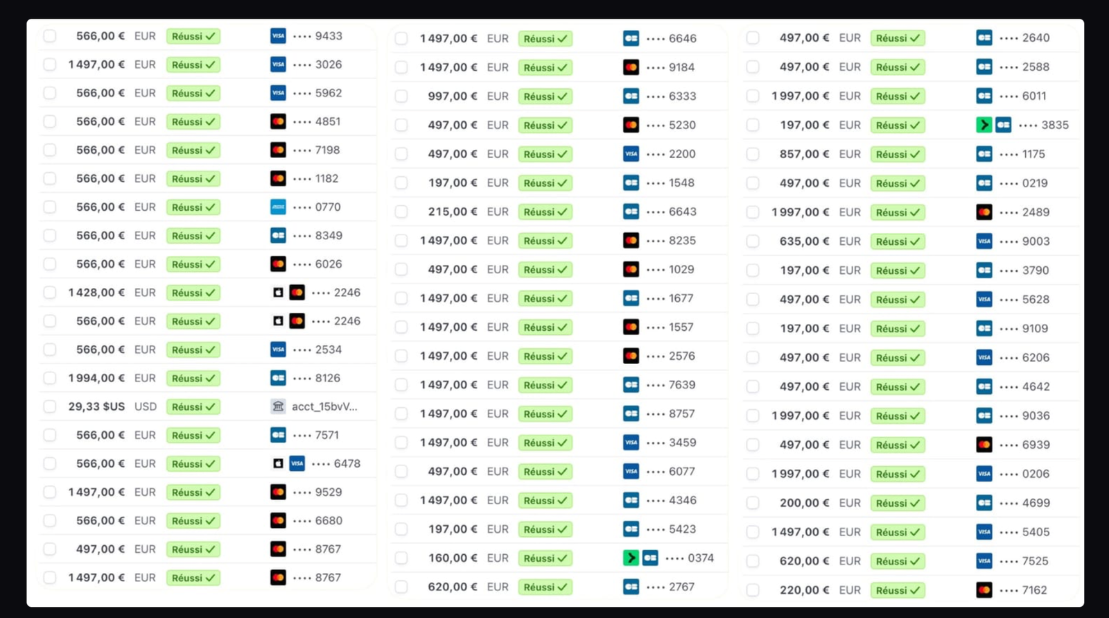 Liste de paiements réussis